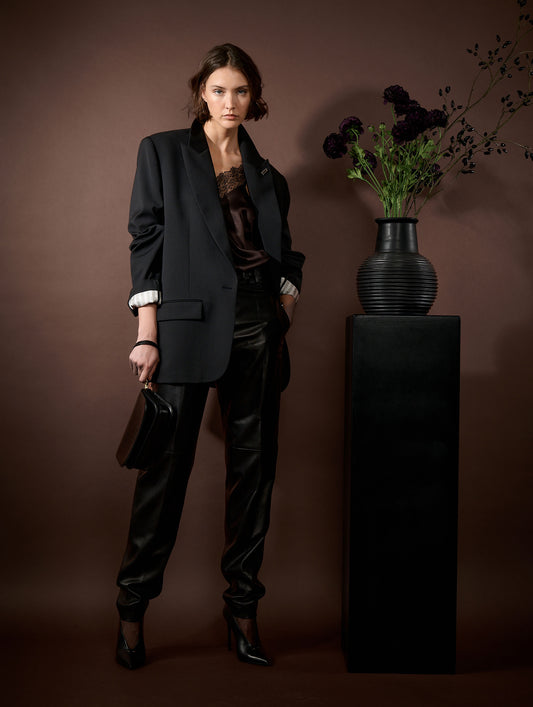 Veste droite oversize en gabardine de laine noire