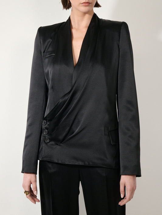 Black silk satin draped jacket