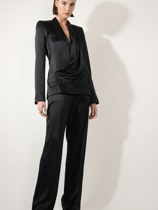 Black silk satin draped jacket
