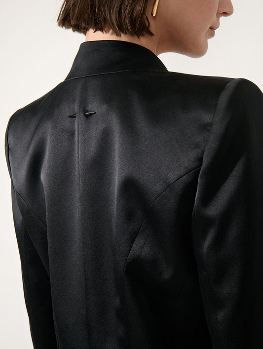 Black silk satin draped jacket