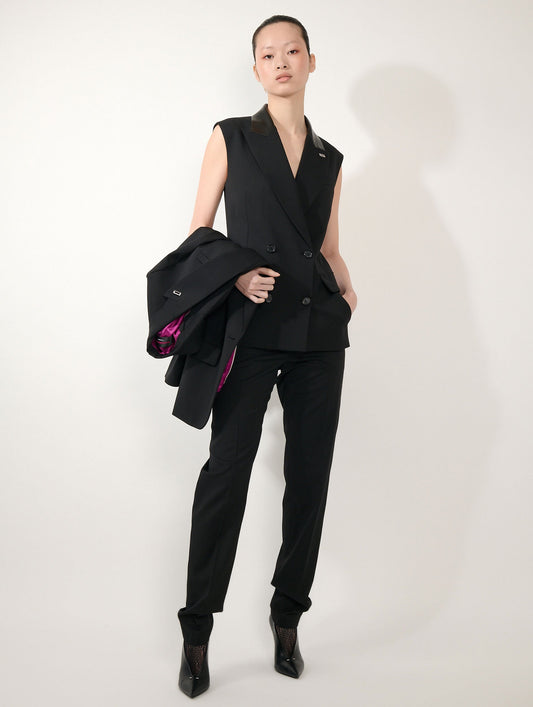 Black wool gabardine sleeveless jacket