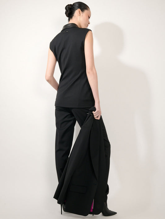 Black wool gabardine sleeveless jacket