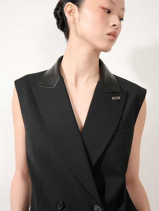 Black wool gabardine sleeveless jacket