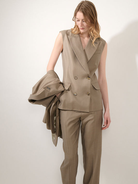 Greige wool and silk twill sleeveless jacket