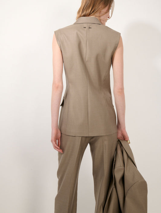 Greige wool and silk twill sleeveless jacket
