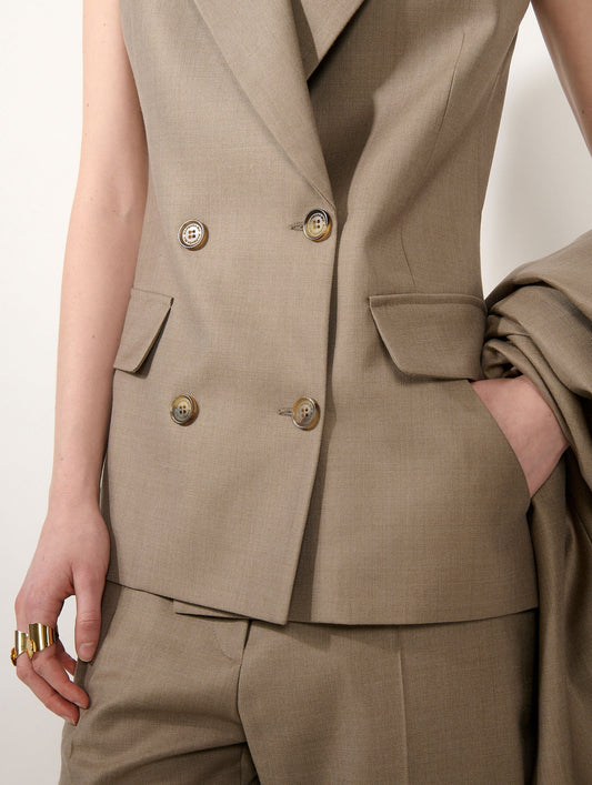 Greige wool and silk twill sleeveless jacket