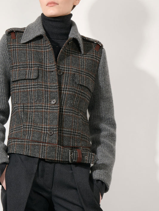 Blouson mix matières en Prince de Galles gris