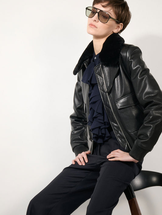 Blouson pilote en cuir noir