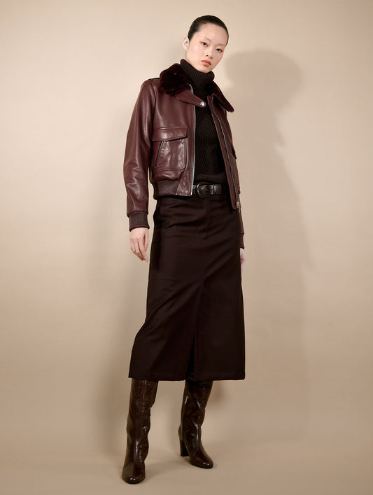Blouson pilote en cuir bordeaux
