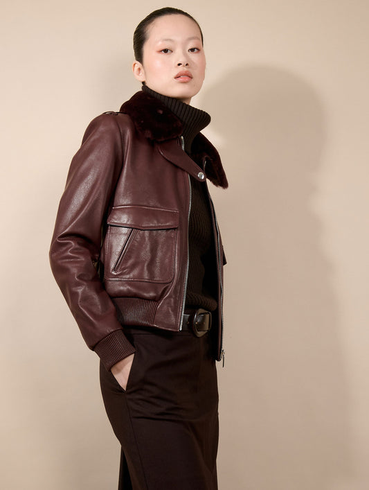 Blouson pilote en cuir bordeaux