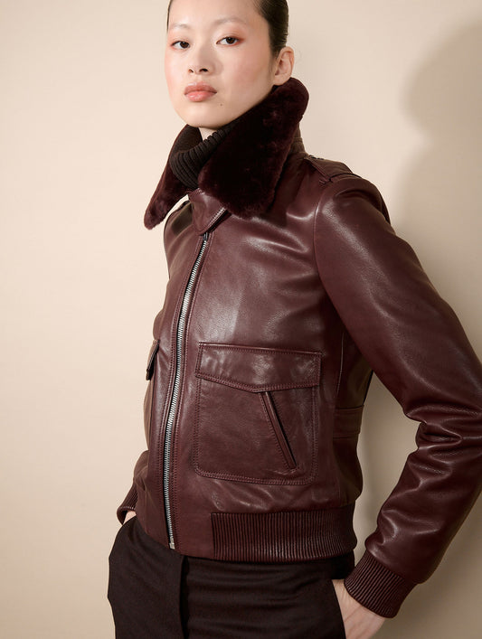 Blouson pilote en cuir bordeaux