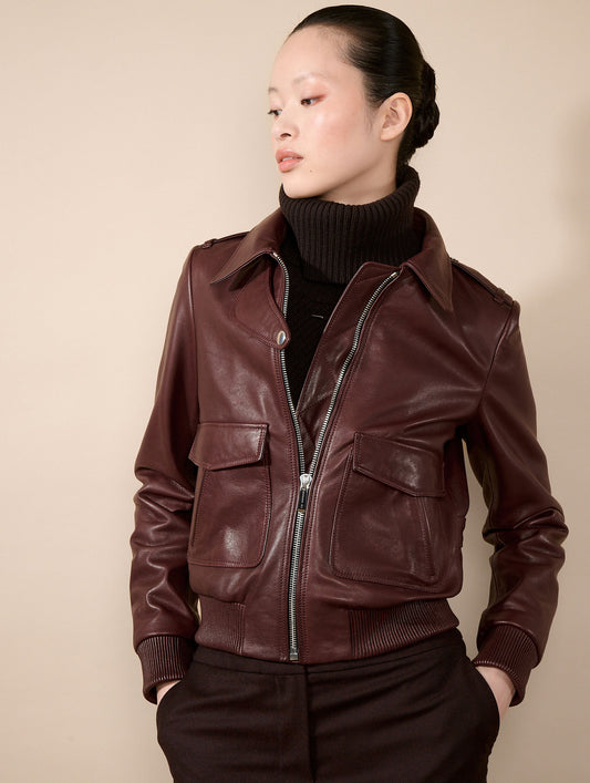 Blouson pilote en cuir bordeaux