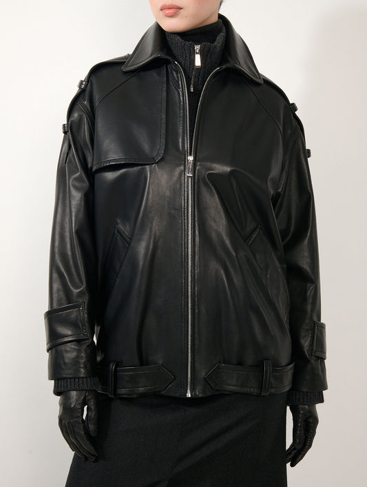 Blouson oversized en cuir d'agneau noir