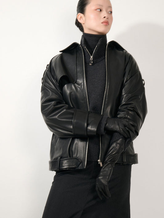 Blouson oversized en cuir d'agneau noir