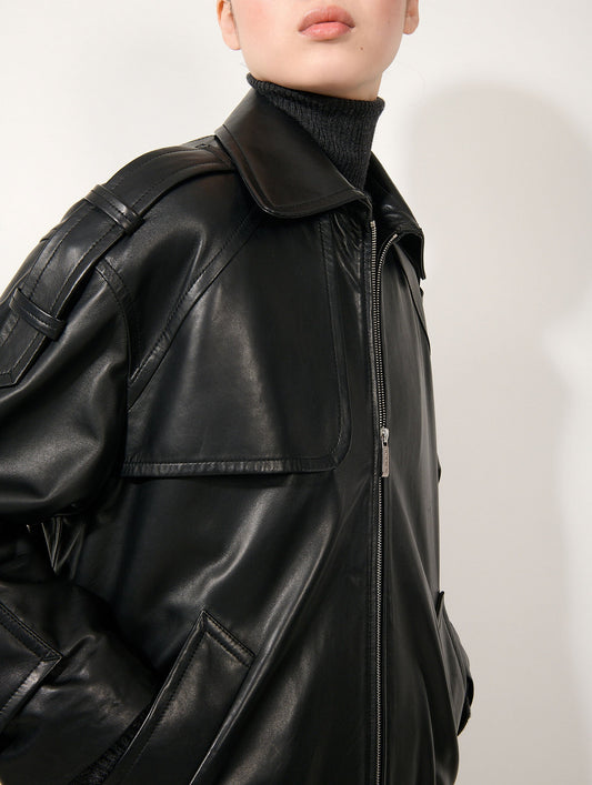 Blouson oversized en cuir d'agneau noir