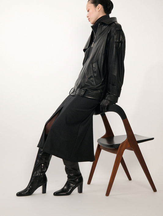 Blouson oversized en cuir d'agneau noir