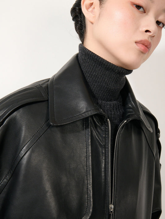 Blouson oversized en cuir d'agneau noir