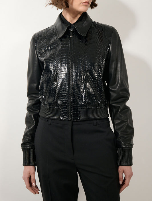 Blouson en cuir et élaphé noir