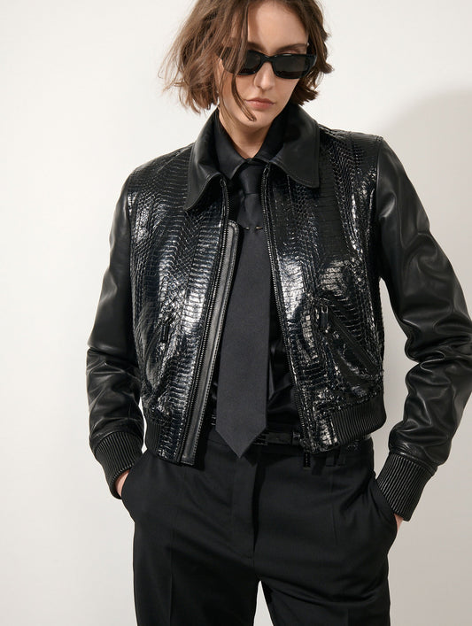 Blouson en cuir et élaphé noir