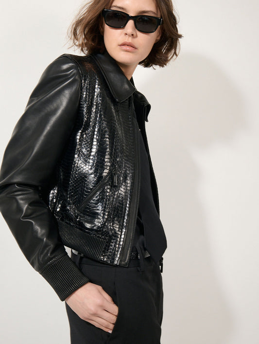 Blouson en cuir et élaphé noir