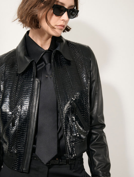 Blouson en cuir et élaphé noir