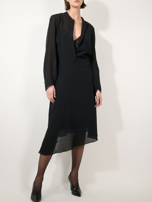 Black crinkled silk and cotton midi dress