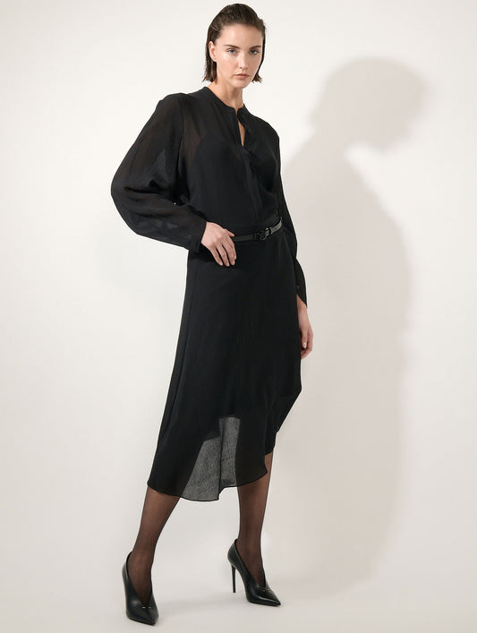 Black crinkled silk and cotton midi dress