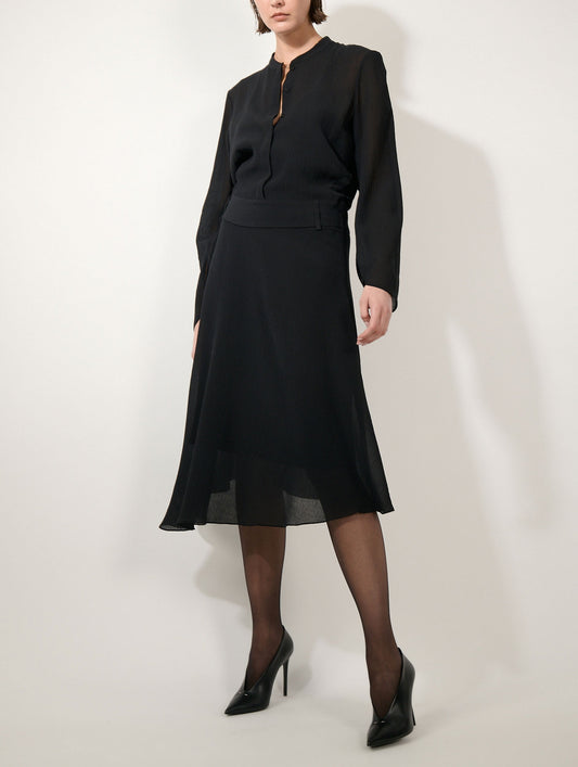 Black crinkled silk and cotton midi dress