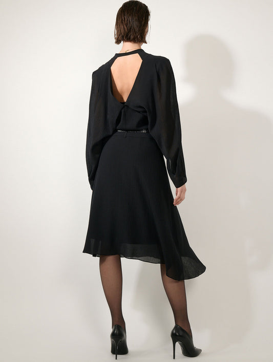 Black crinkled silk and cotton midi dress