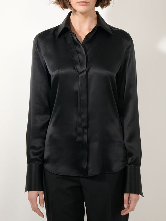 Black silk satin lavallière blouse