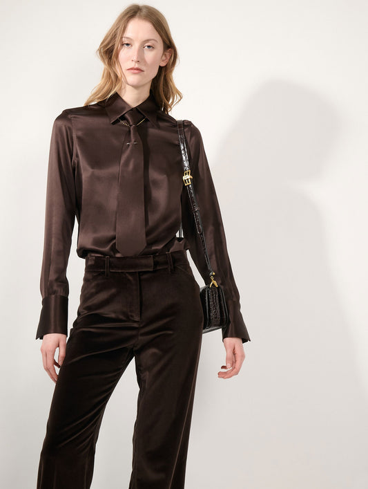 Chemise lavallière en satin de soie moka