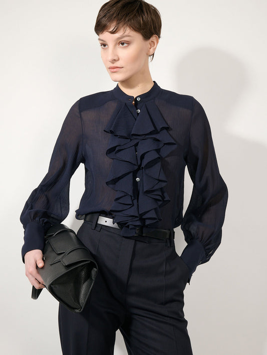 Chemise à jabots en crépon de soie encre