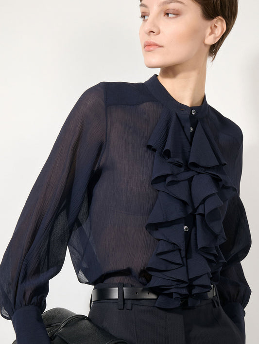 Chemise à jabots en crépon de soie encre