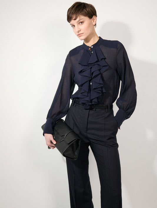 Chemise à jabots en crépon de soie encre