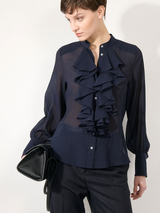 Chemise à jabots en crépon de soie encre