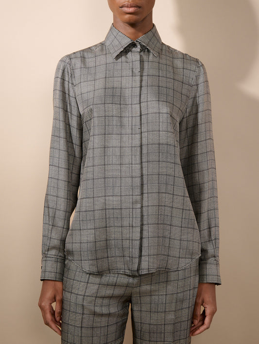 Chemise en twill de soie Prince de Galles noir