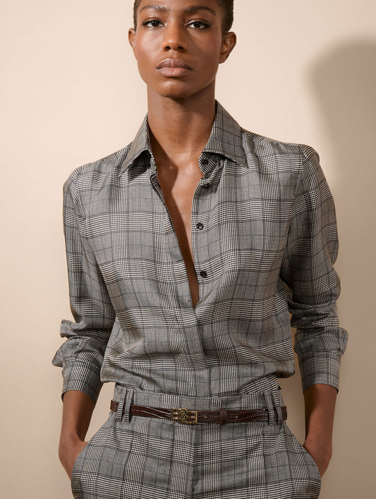 Chemise en twill de soie Prince de Galles noir