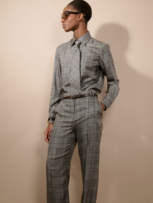 Chemise en twill de soie Prince de Galles noir