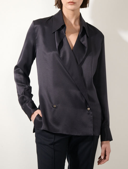 Chemise croisée en piqué de soie encre
