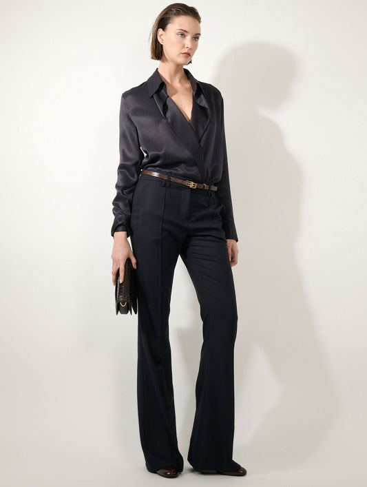 Chemise croisée en piqué de soie encre