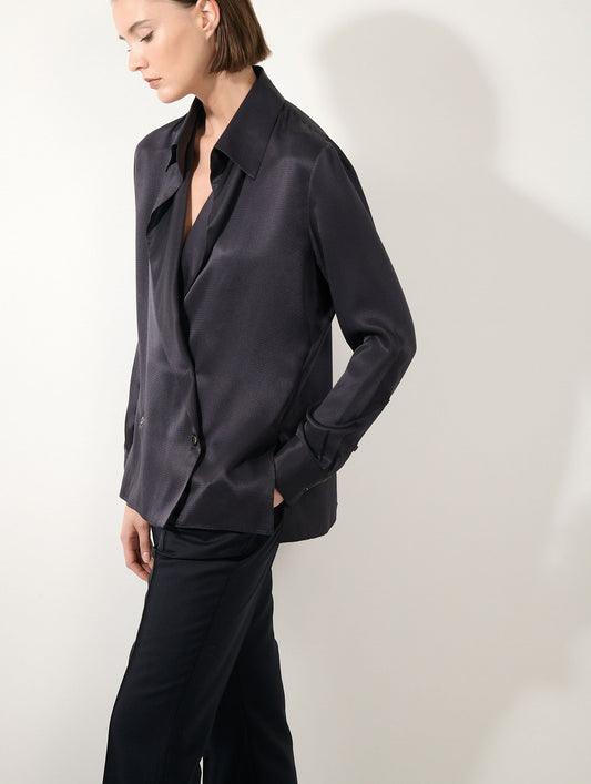 Chemise croisée en piqué de soie encre