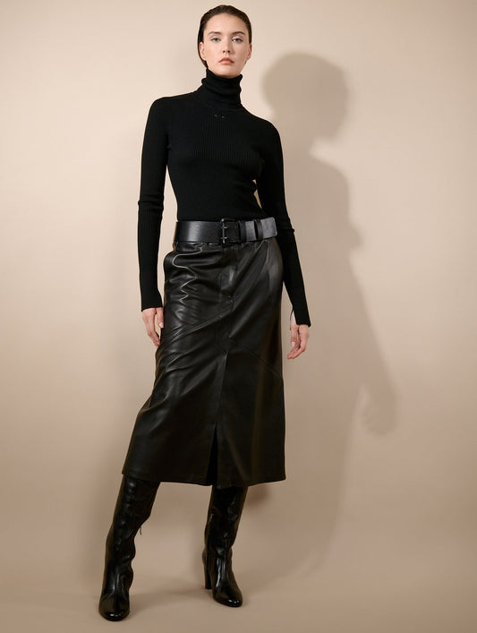Jupe midi en cuir d'agneau noir
