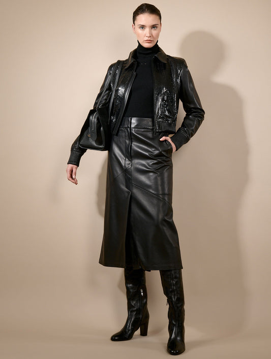 Jupe midi en cuir d'agneau noir