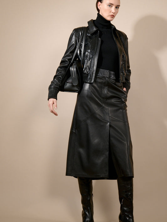 Jupe midi en cuir d'agneau noir