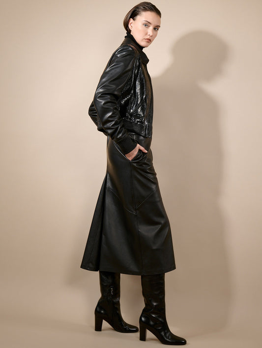 Jupe midi en cuir d'agneau noir