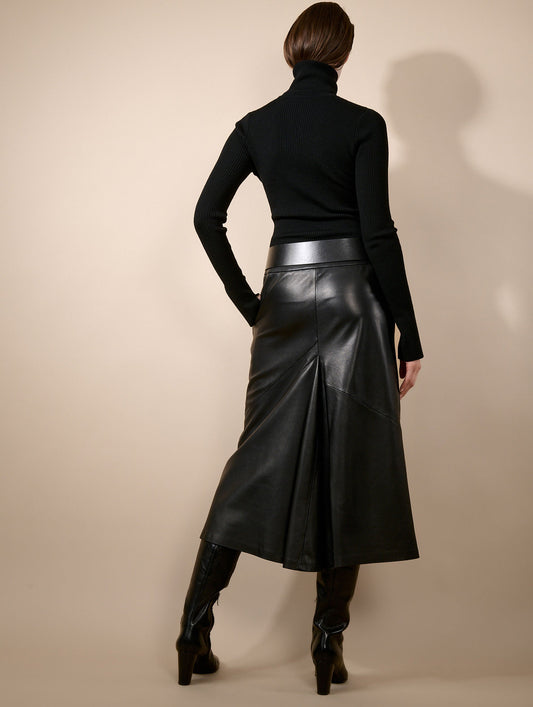 Jupe midi en cuir d'agneau noir