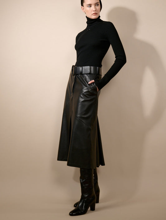 Jupe midi en cuir d'agneau noir