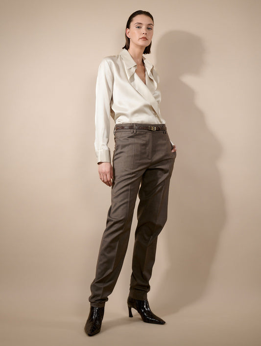 Pantalon Grace en toile de laine stretch taupe