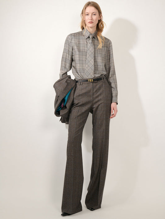 Pantalon flare en flanelle Prince de Galles marron glacé
