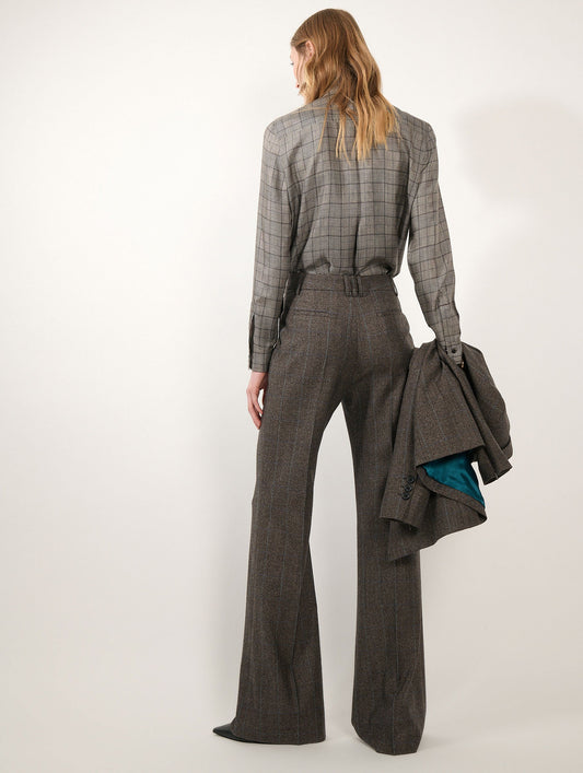 Pantalon flare en flanelle Prince de Galles marron glacé
